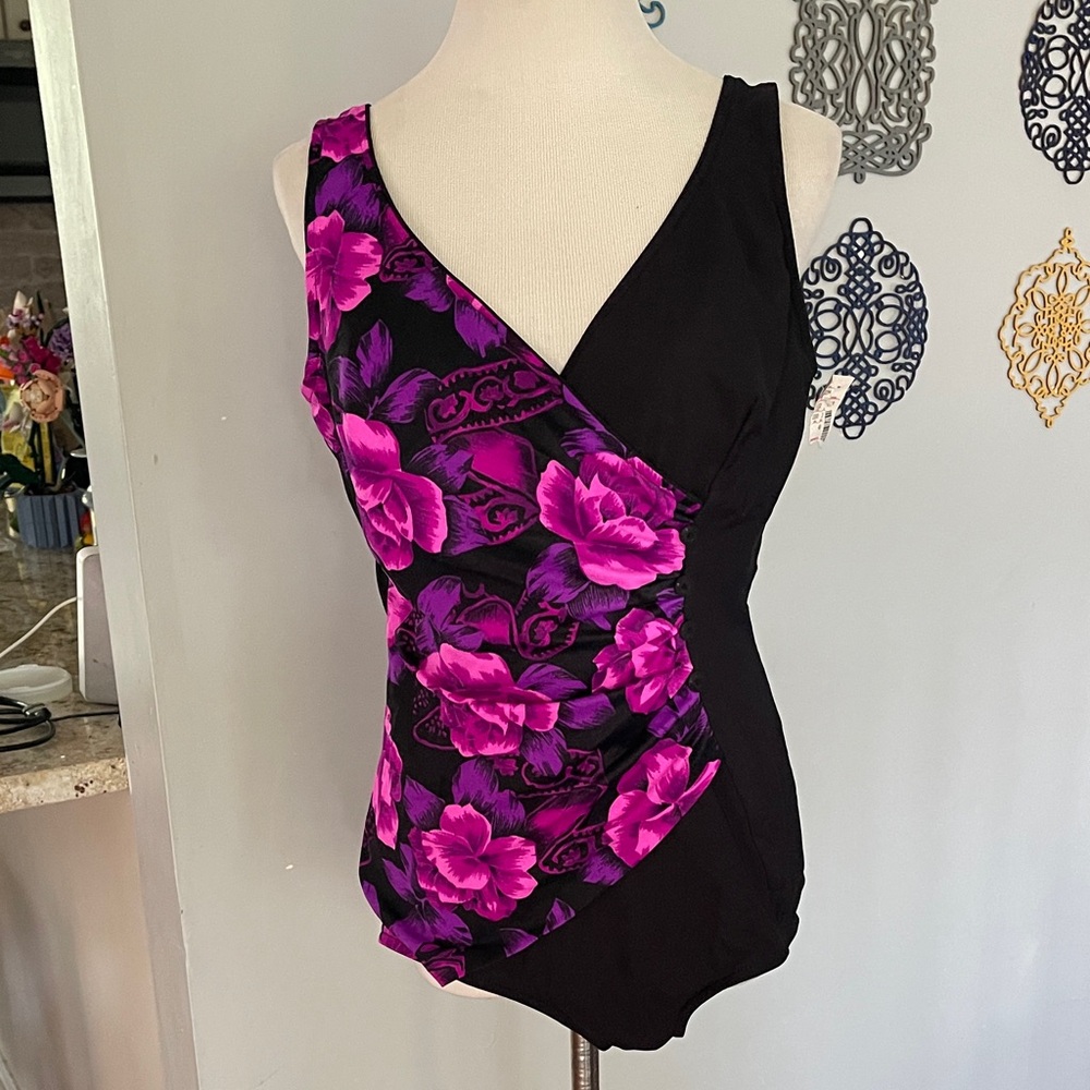 Maxine of Hollywood Black and Purple Floral One Piece size 20